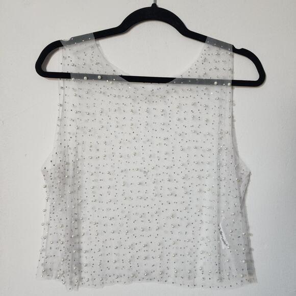 Sheer Pearl Rhinestone Tank Crop Top White - Picture 1 of 7